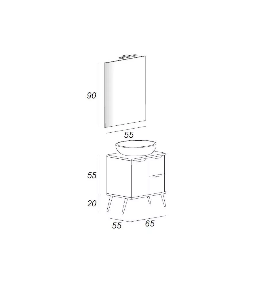 Mobile bagno 'madrid' rovere con specchio e lavello, 65x55x75 cm
